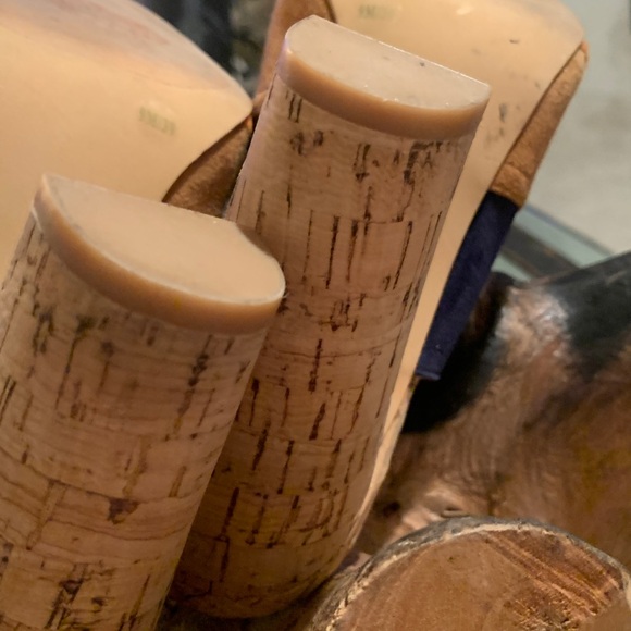 New Vince Camuto Vella Color Block Leather Slide Mule Cork Heel Slip On Peep Toe - Picture 7 of 8